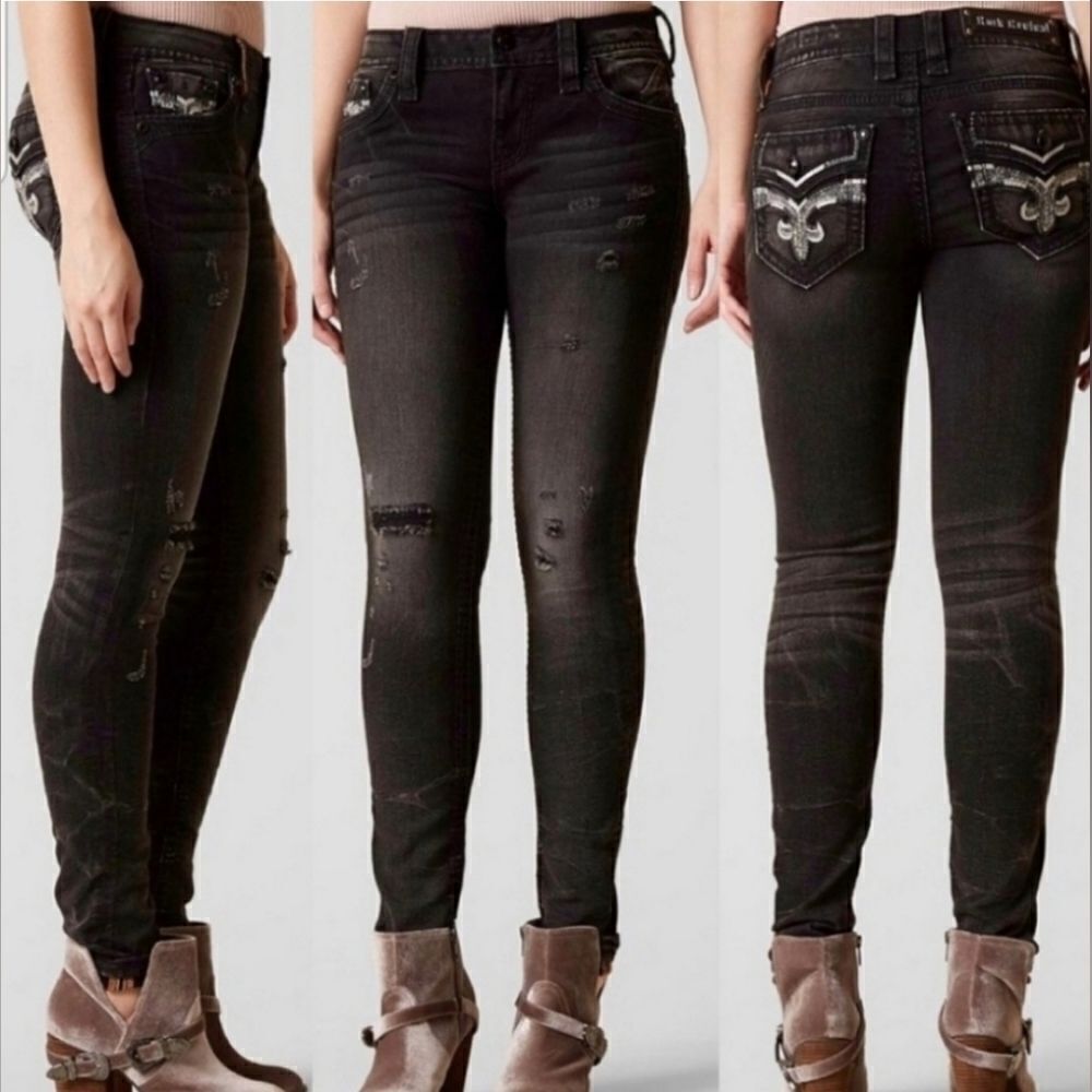 Rock Revival Beliss Black Denim Distressed Grunge Mid Rise Skinny Jeans‎ 27